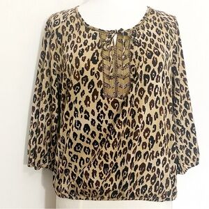 Laura Ashley Leopard Print Beaded Placket Women's Silky Feel Top Blouse LP